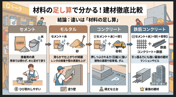 【建設マメ知識】プロが教える！「セメント」「モルタル」「コンクリート」「鉄筋コンクリート」の決定的な違い